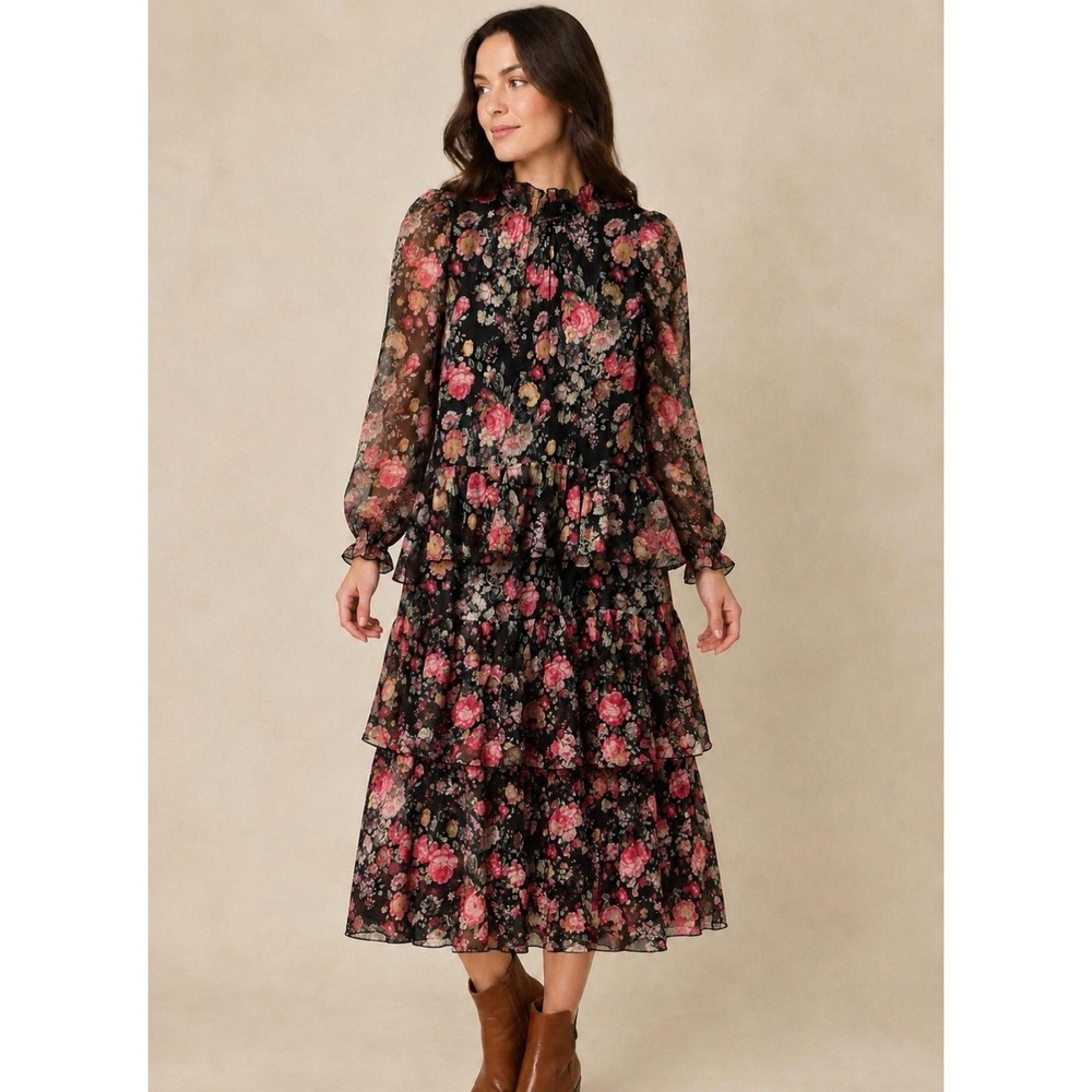 Anewsta Whimsigoth Cottagecore Floral Tiered Chiffon Dress Size Small Feminine